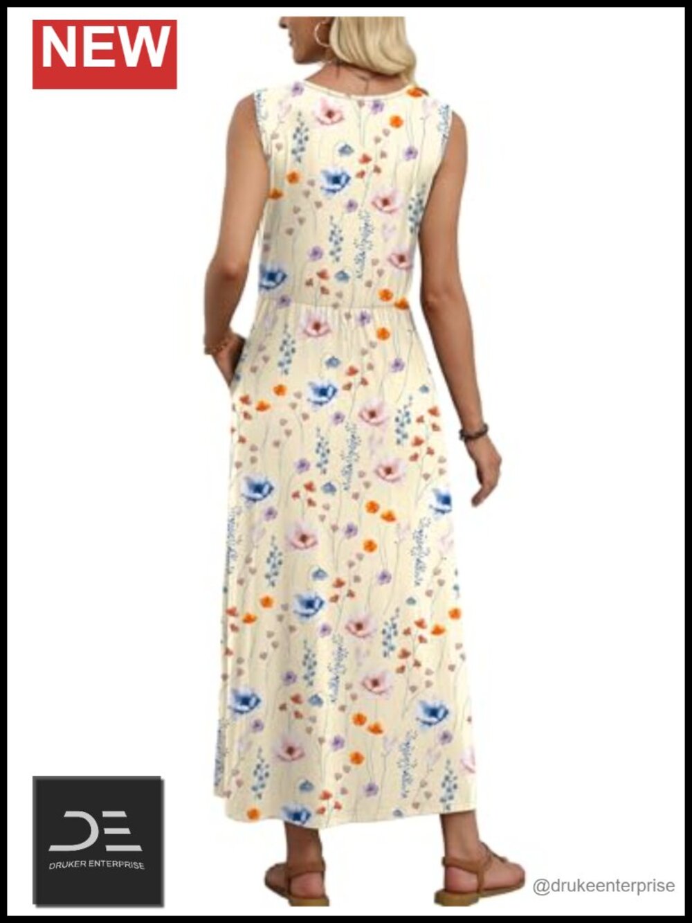 Maxi Dress with Pockets A-Line Flowy Sleeveless Sundress Elastic Waist - Picture 4 of 4
